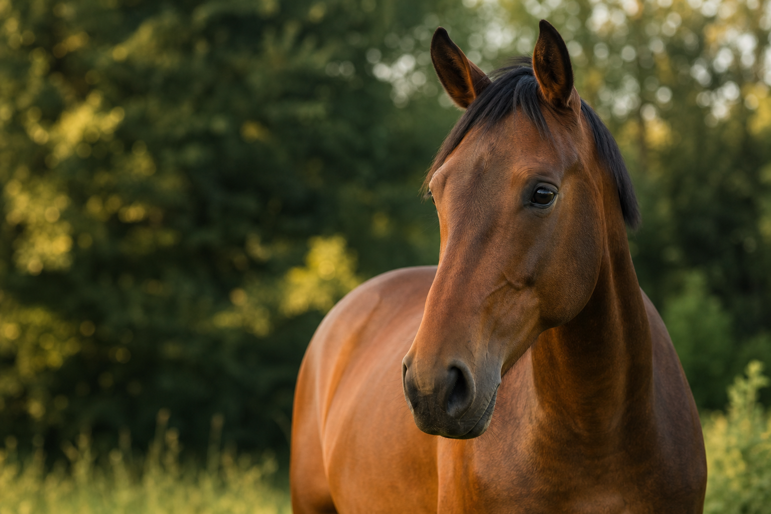 Ruhiges braunes Pferd auf einer grünen Weide